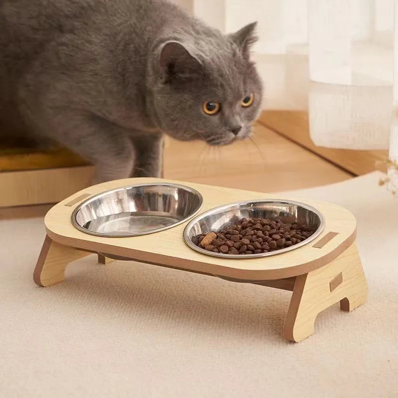 Cat Double Bowl Becoming Cat and Child Bowl anti Overturning Cat Food Bowl Stainless Steel Pet Bowl Wooden Stand Small and Mediu