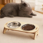 Cat Double Bowl Becoming Cat and Child Bowl anti Overturning Cat Food Bowl Stainless Steel Pet Bowl Wooden Stand Small and Mediu