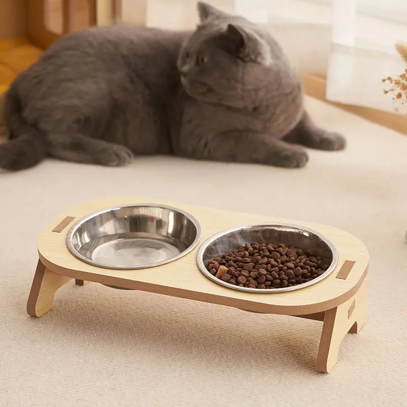 Cat Double Bowl Becoming Cat and Child Bowl anti Overturning Cat Food Bowl Stainless Steel Pet Bowl Wooden Stand Small and Mediu