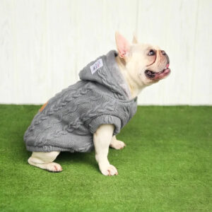 Classic Cable Knit Dog Sweater with Hood in Grey - Warm Fleece Dog Clothes - Pets Station