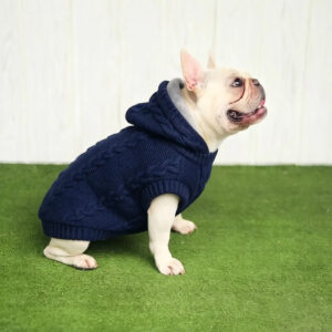 Classic Cable Knit Dog Sweater with Hood in Navy - Warm Fleece Dog Clothes - Pets Station