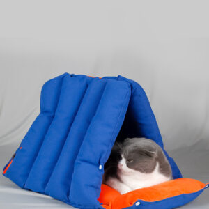 2-in-1 Blue Pet Tent Bed – Triangle Cave Convertible Cushion