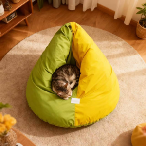 Cushion Beanbag Pet Bed in Green and Yellow - Semi-Enclosed Cat Burrow Bed and Calming Dog Bed - Pets Station