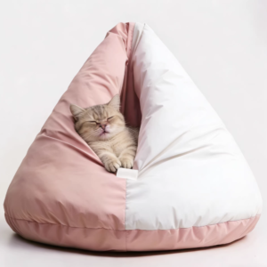 Cushion Beanbag Pet Bed in Pink and White - Semi-Enclosed Cat Burrow Bed and Calming Dog Bed - Pets Station